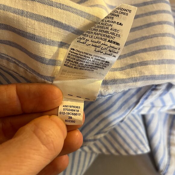 Chico's Size 1.5 (US 10) No-Iron Button-Up Shirt Striped Blue White Linen - Picture 10 of 11